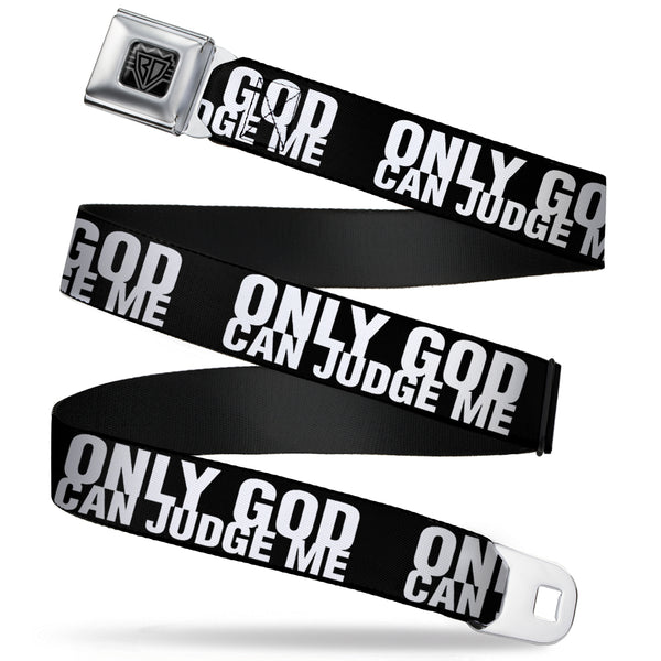 buckle down BD Wings Logo CLOSE-UP Full Color Black Silver Seatbelt Belt - ONLY GOD CAN JUDGE ME Bold Black/White Webbing