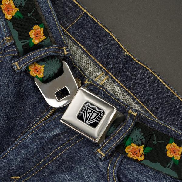 Buckle Down BD Wings Logo CLOSE-UP Full Color Black Silver Seatbelt Belt - Hibiscus Flowers/Palm Trees Black/Green/Orange Webbing