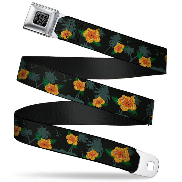 buckle down BD Wings Logo CLOSE-UP Full Color Black Silver Seatbelt Belt - Hibiscus Flowers/Palm Trees Black/Green/Orange Webbing