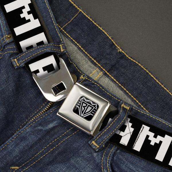 Buckle Down BD Wings Logo CLOSE-UP Full Color Black Silver Seatbelt Belt - GAMER 1/Heart 8-Bit Black/White/Red Webbing