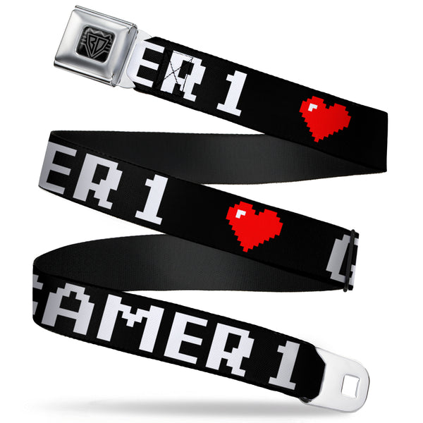 buckle down BD Wings Logo CLOSE-UP Full Color Black Silver Seatbelt Belt - GAMER 1/Heart 8-Bit Black/White/Red Webbing