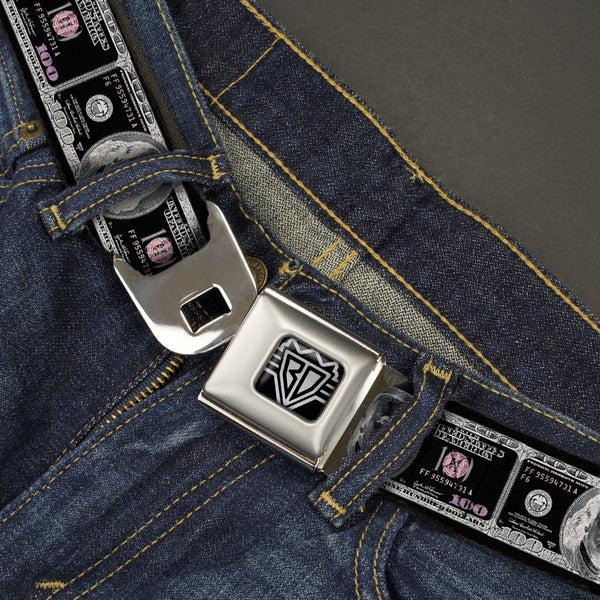 Buckle Down BD Wings Logo CLOSE-UP Full Color Black Silver Seatbelt Belt - 100 Dollar Bill X-Ray Black/White Webbing