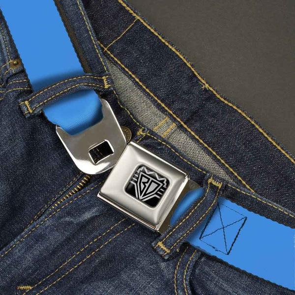 Buckle Down BD Wings Logo CLOSE-UP Full Color Black Silver Seatbelt Belt - Baby Blue Webbing