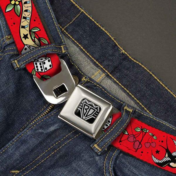 Buckle Down BD Wings Logo CLOSE-UP Full Color Black Silver Seatbelt Belt - Lucky Red Webbing