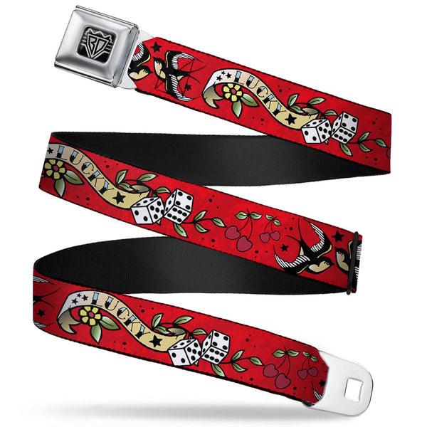 buckle down BD Wings Logo CLOSE-UP Full Color Black Silver Seatbelt Belt - Lucky Red Webbing