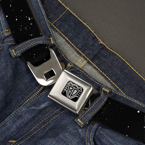 Buckle Down BD Wings Logo CLOSE-UP Full Color Black Silver Seatbelt Belt - Shining Stars Black/White Webbing
