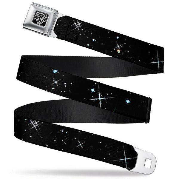buckle down BD Wings Logo CLOSE-UP Full Color Black Silver Seatbelt Belt - Shining Stars Black/White Webbing