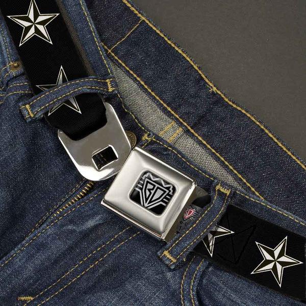 Buckle Down BD Wings Logo CLOSE-UP Full Color Black Silver Seatbelt Belt - Nautical Star Black/White Webbing