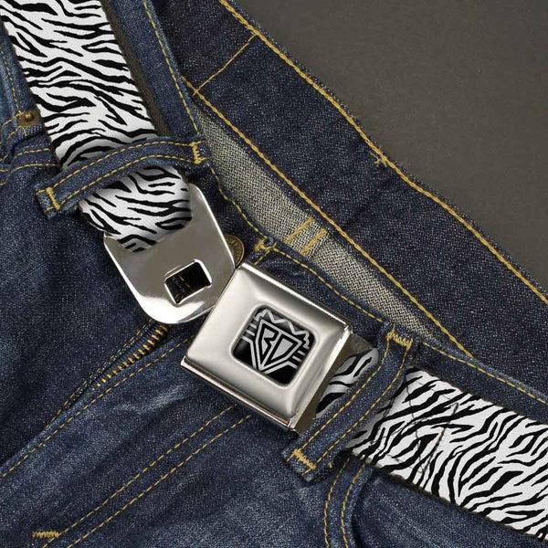 Buckle Down BD Wings Logo CLOSE-UP Full Color Black Silver Seatbelt Belt - Zebra 2 White Webbing