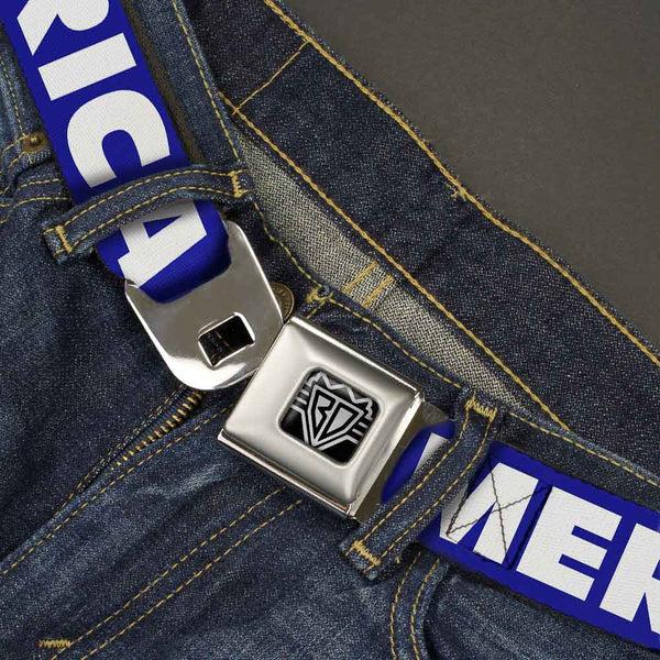 Buckle Down BD Wings Logo CLOSE-UP Full Color Black Silver Seatbelt Belt - 'MERICA/USA Silhouette Blue/White/US Flag Webbing