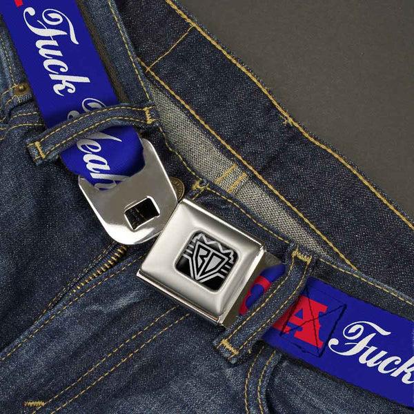Buckle Down BD Wings Logo CLOSE-UP Full Color Black Silver Seatbelt Belt - 'MERICA FUCK YEAH /Star Blue/Red/White Webbing