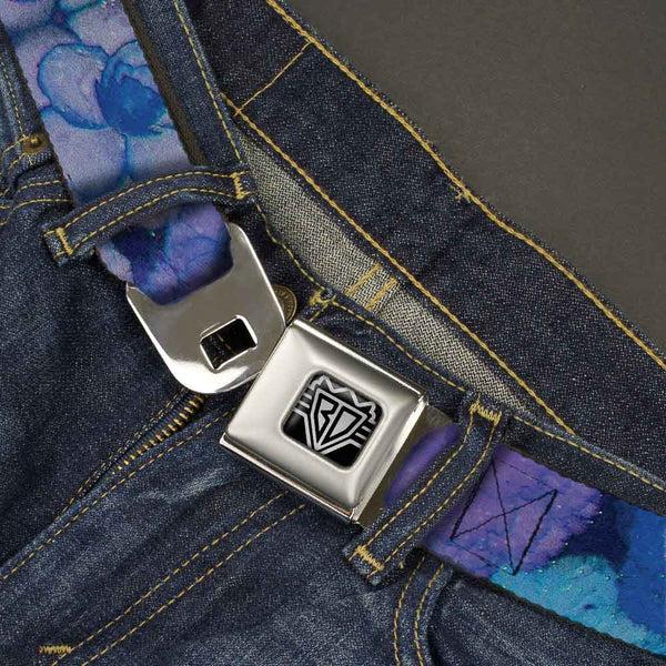 Buckle Down BD Wings Logo CLOSE-UP Full Color Black Silver Seatbelt Belt - Vivid Floral Collage3 Blues/Purples Webbing
