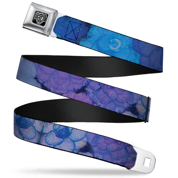 buckle down BD Wings Logo CLOSE-UP Full Color Black Silver Seatbelt Belt - Vivid Floral Collage3 Blues/Purples Webbing