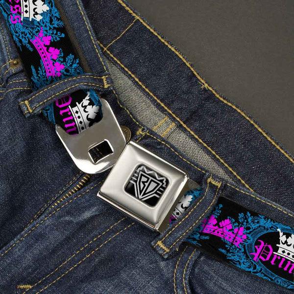 Buckle Down BD Wings Logo CLOSE-UP Full Color Black Silver Seatbelt Belt - Crown Princess Oval Black/Turquoise Webbing