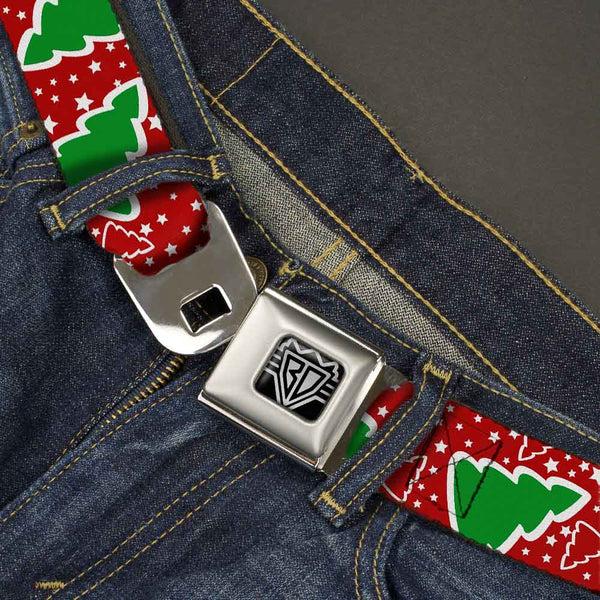 Buckle Down BD Wings Logo CLOSE-UP Full Color Black Silver Seatbelt Belt - Christmas Trees/Stars Red/White/Green Webbing