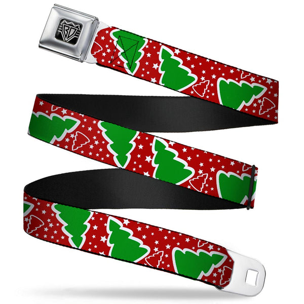buckle down BD Wings Logo CLOSE-UP Full Color Black Silver Seatbelt Belt - Christmas Trees/Stars Red/White/Green Webbing