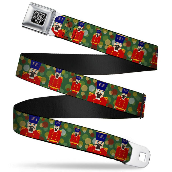buckle down BD Wings Logo CLOSE-UP Full Color Black Silver Seatbelt Belt - Christmas Nutcracker/Polka Dots Greens/Gold/Red Webbing