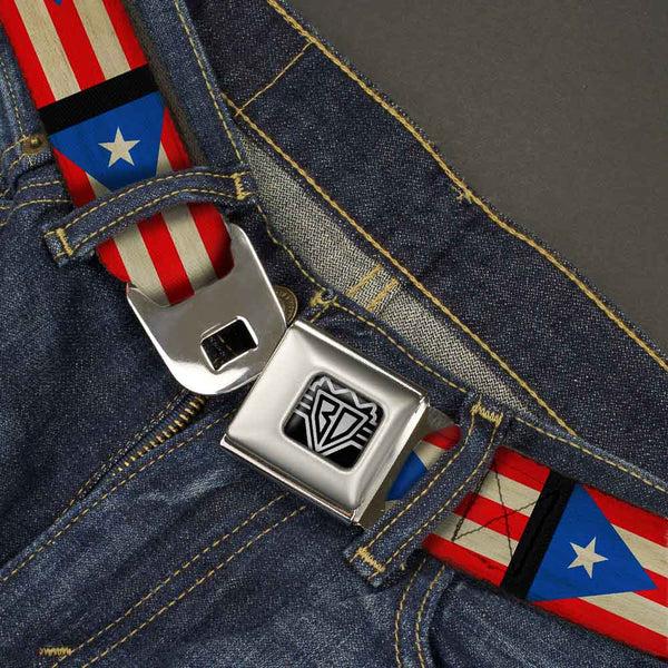 Buckle Down BD Wings Logo CLOSE-UP Full Color Black Silver Seatbelt Belt - Puerto Rico Flag Weathered Webbing