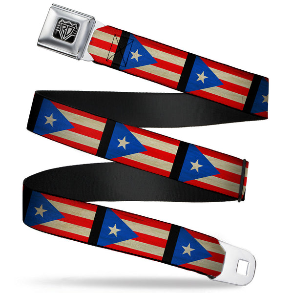 buckle down BD Wings Logo CLOSE-UP Full Color Black Silver Seatbelt Belt - Puerto Rico Flag Weathered Webbing