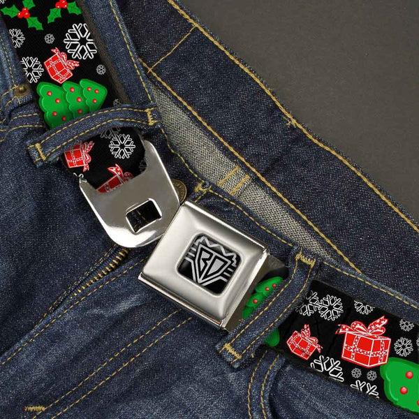 Buckle Down BD Wings Logo CLOSE-UP Full Color Black Silver Seatbelt Belt - Christmas Collage Black/White/Green/Red Webbing