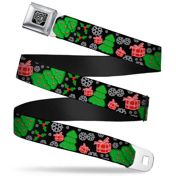 buckle down BD Wings Logo CLOSE-UP Full Color Black Silver Seatbelt Belt - Christmas Collage Black/White/Green/Red Webbing