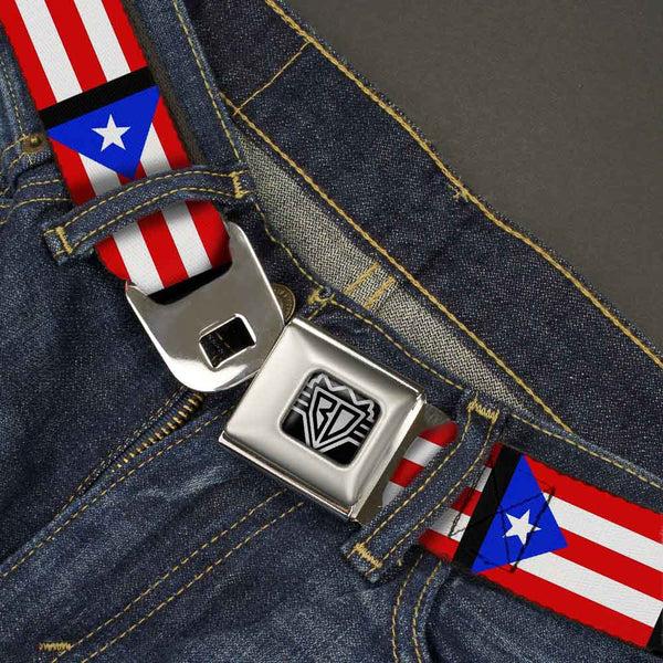 Buckle Down BD Wings Logo CLOSE-UP Full Color Black Silver Seatbelt Belt - Puerto Rico Flag Repeat/Black Webbing