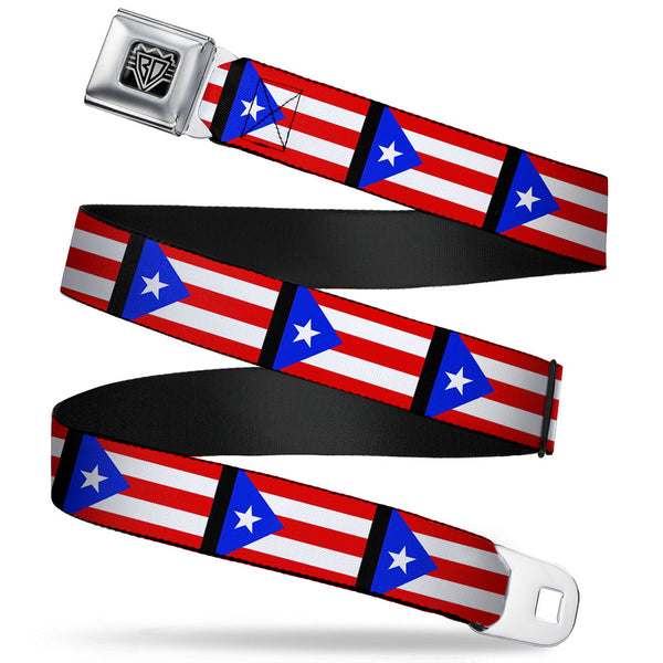 buckle down BD Wings Logo CLOSE-UP Full Color Black Silver Seatbelt Belt - Puerto Rico Flag Repeat/Black Webbing