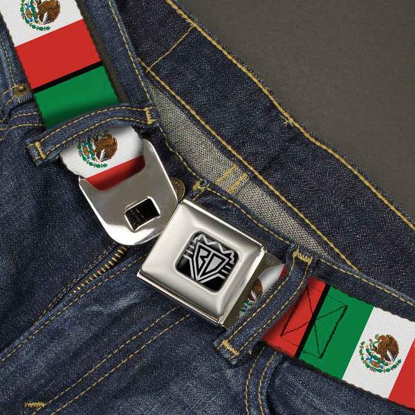 Buckle Down BD Wings Logo CLOSE-UP Full Color Black Silver Seatbelt Belt - Mexico Flags Webbing