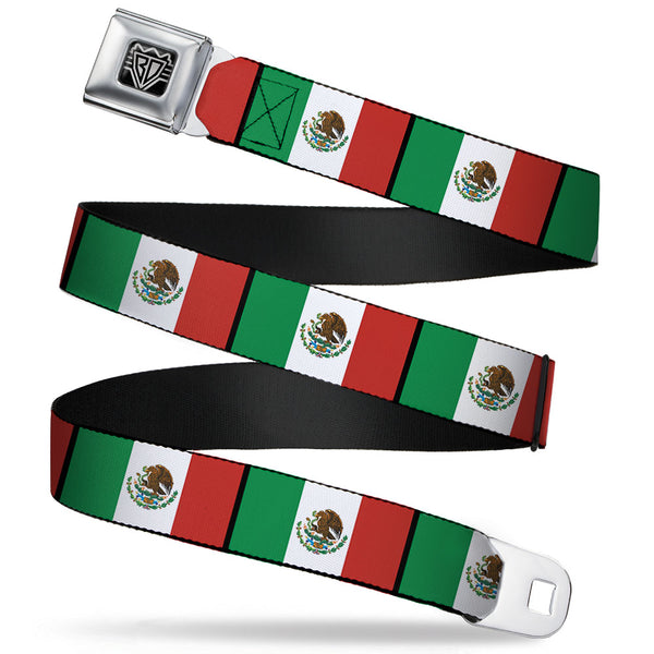buckle down BD Wings Logo CLOSE-UP Full Color Black Silver Seatbelt Belt - Mexico Flags Webbing