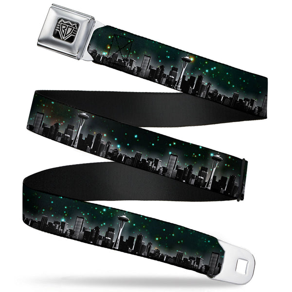 buckle down BD Wings Logo CLOSE-UP Full Color Black Silver Seatbelt Belt - Seattle Vivid Skyline/Space Dust Webbing