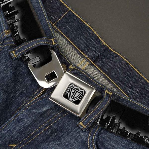 Buckle Down BD Wings Logo CLOSE-UP Full Color Black Silver Seatbelt Belt - Seattle Vivid Skyline Black/White Webbing
