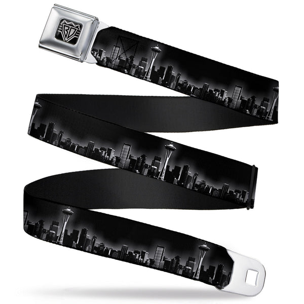 buckle down BD Wings Logo CLOSE-UP Full Color Black Silver Seatbelt Belt - Seattle Vivid Skyline Black/White Webbing