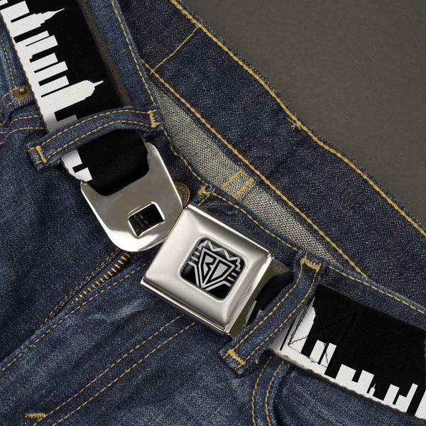 Buckle Down BD Wings Logo CLOSE-UP Full Color Black Silver Seatbelt Belt - New York Solid Skyline Black/White Webbing