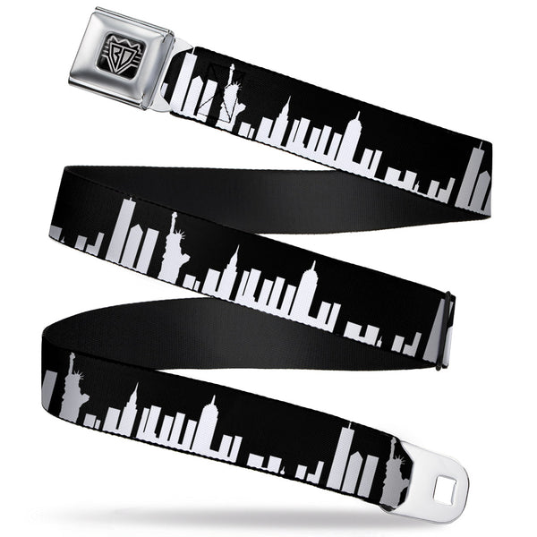 buckle down BD Wings Logo CLOSE-UP Full Color Black Silver Seatbelt Belt - New York Solid Skyline Black/White Webbing