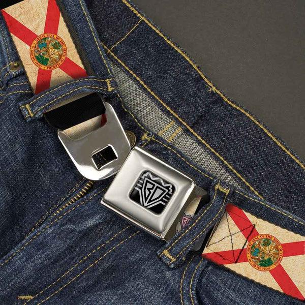 Buckle Down BD Wings Logo CLOSE-UP Full Color Black Silver Seatbelt Belt - Florida Flags/Black Webbing