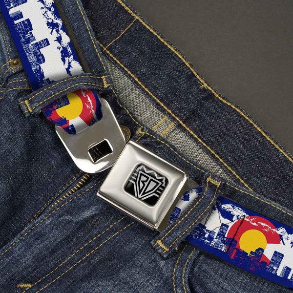 Buckle Down BD Wings Logo CLOSE-UP Full Color Black Silver Seatbelt Belt - Colorado Skyline/Mountains Webbing