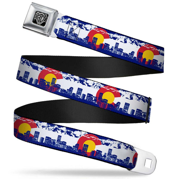 buckle down BD Wings Logo CLOSE-UP Full Color Black Silver Seatbelt Belt - Colorado Skyline/Mountains Webbing