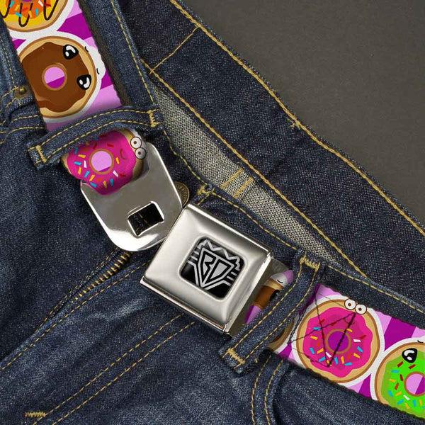 Buckle Down BD Wings Logo CLOSE-UP Full Color Black Silver Seatbelt Belt - Sprinkle Donut Expressions Pink Webbing