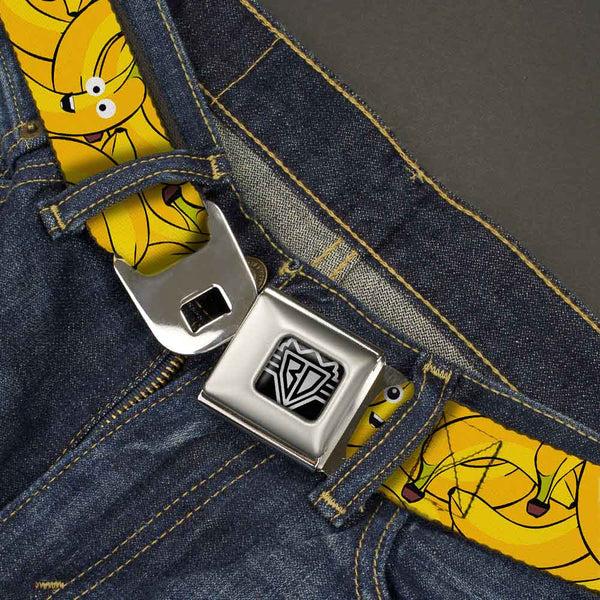 Buckle Down BD Wings Logo CLOSE-UP Full Color Black Silver Seatbelt Belt - Bananas Stacked Cartoon Yellows Webbing