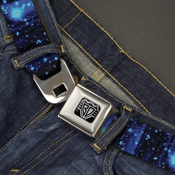 Buckle Down BD Wings Logo CLOSE-UP Full Color Black Silver Seatbelt Belt - Galaxy Sparkle Black/Blue-Purple Fade Webbing