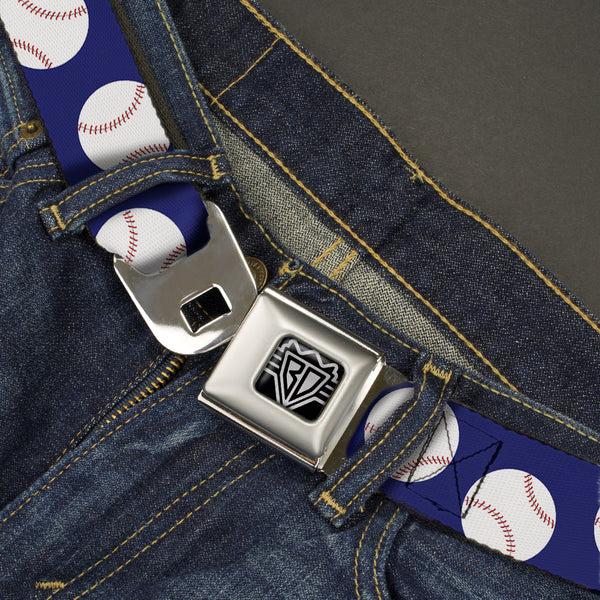 Buckle Down BD Wings Logo CLOSE-UP Full Color Black Silver Seatbelt Belt - Baseballs Scattered Blue Webbing