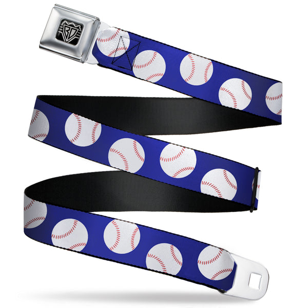 buckle down BD Wings Logo CLOSE-UP Full Color Black Silver Seatbelt Belt - Baseballs Scattered Blue Webbing