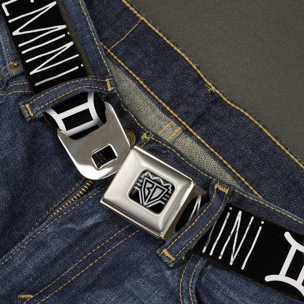 Buckle Down BD Wings Logo CLOSE-UP Full Color Black Silver Seatbelt Belt - Zodiac GEMINI/Symbol Black/White Webbing