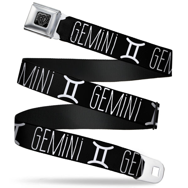 buckle down BD Wings Logo CLOSE-UP Full Color Black Silver Seatbelt Belt - Zodiac GEMINI/Symbol Black/White Webbing