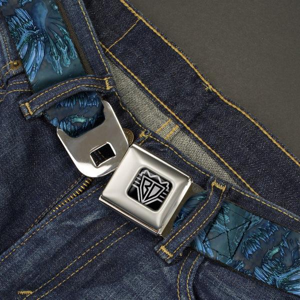 Buckle Down BD Wings Logo CLOSE-UP Full Color Black Silver Seatbelt Belt - TJ-Brutal Blue Webbing