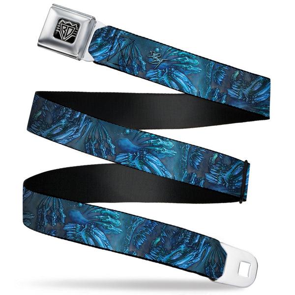 buckle down BD Wings Logo CLOSE-UP Full Color Black Silver Seatbelt Belt - TJ-Brutal Blue Webbing