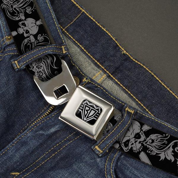 Buckle Down BD Wings Logo CLOSE-UP Full Color Black Silver Seatbelt Belt - Skull & Dagger W/Filigree Black/Gray Webbing