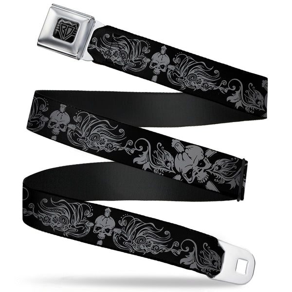 buckle down BD Wings Logo CLOSE-UP Full Color Black Silver Seatbelt Belt - Skull & Dagger w/Filigree Black/Gray Webbing