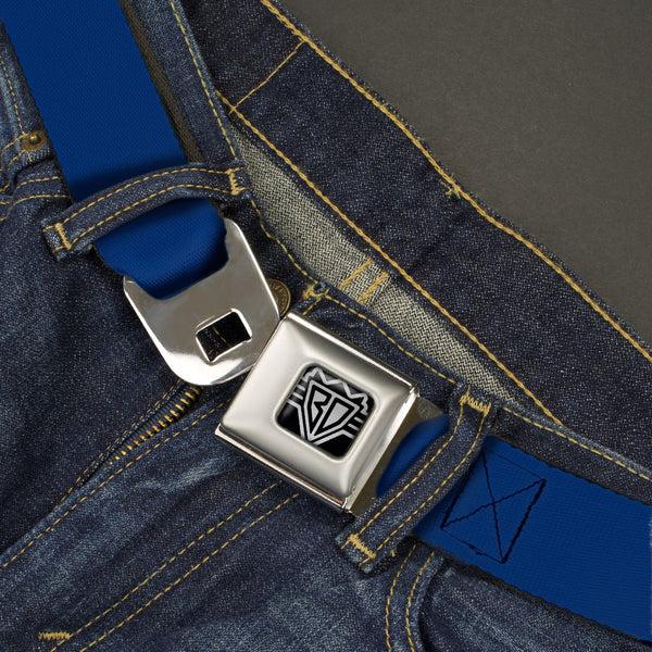 Buckle Down BD Wings Logo CLOSE-UP Full Color Black Silver Seatbelt Belt - Royal Blue Print Webbing