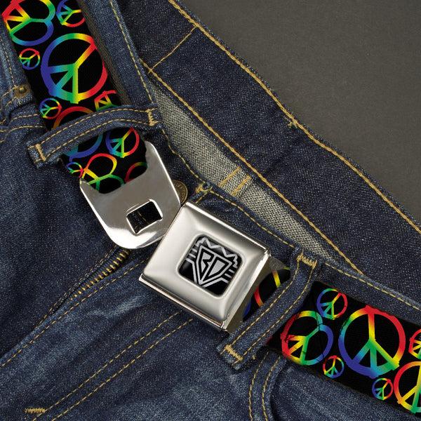 Buckle Down BD Wings Logo CLOSE-UP Full Color Black Silver Seatbelt Belt - Peace Heart Black/Rainbow Ombre Webbing